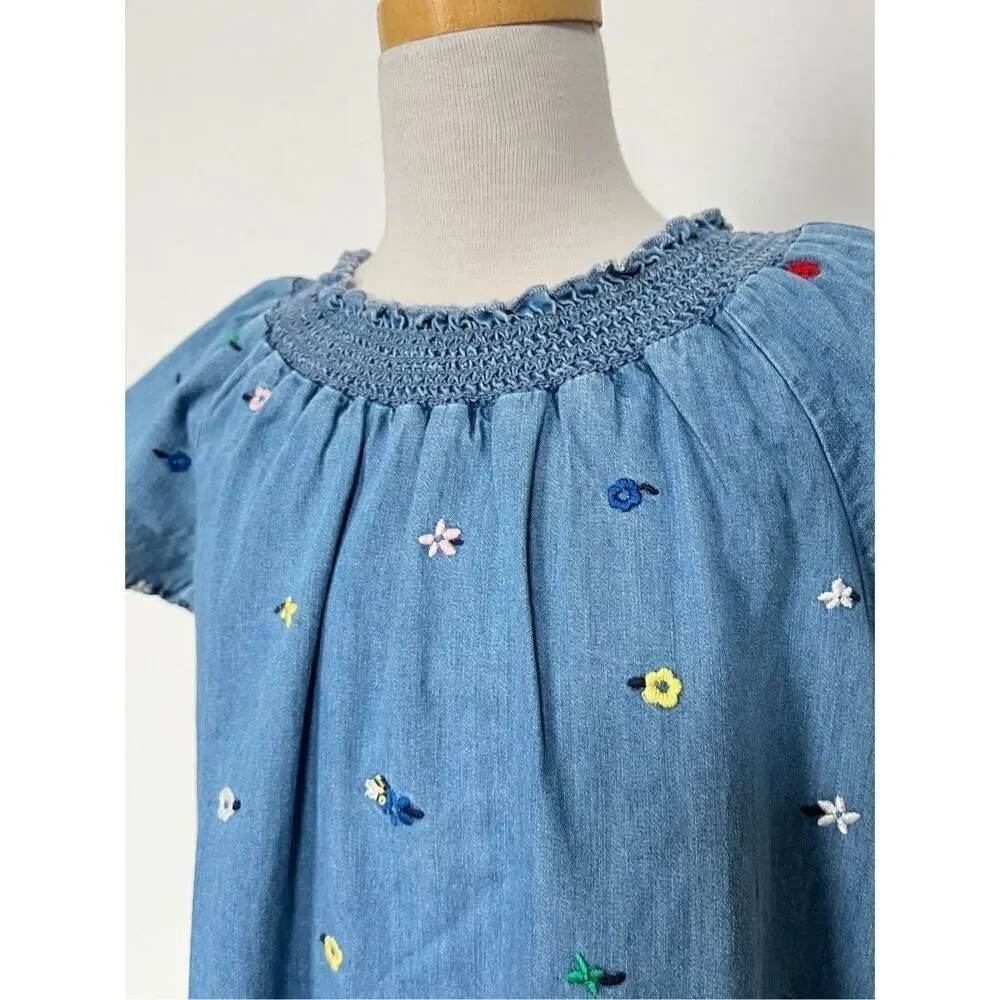 Hanna Andersson Girls 8 (130) Flower Embroidered Chambray Denim Dress